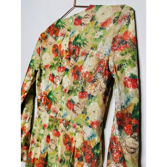ROSETTA GETTY Multicolored Floral Crepe De Chine Sequin Long Sleeve Gown Size 0 - Picture 11 of 16